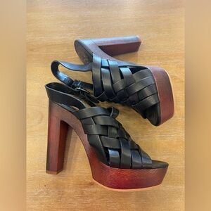 Vince Camuto Black Woven Leather Platform Sandals with Brown Wood-Effect Heel